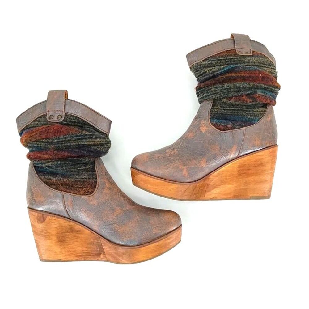 Bed Stu Bruges II Distressed Leather Slouch Knit Wedge Boots Boho Western Sz 10